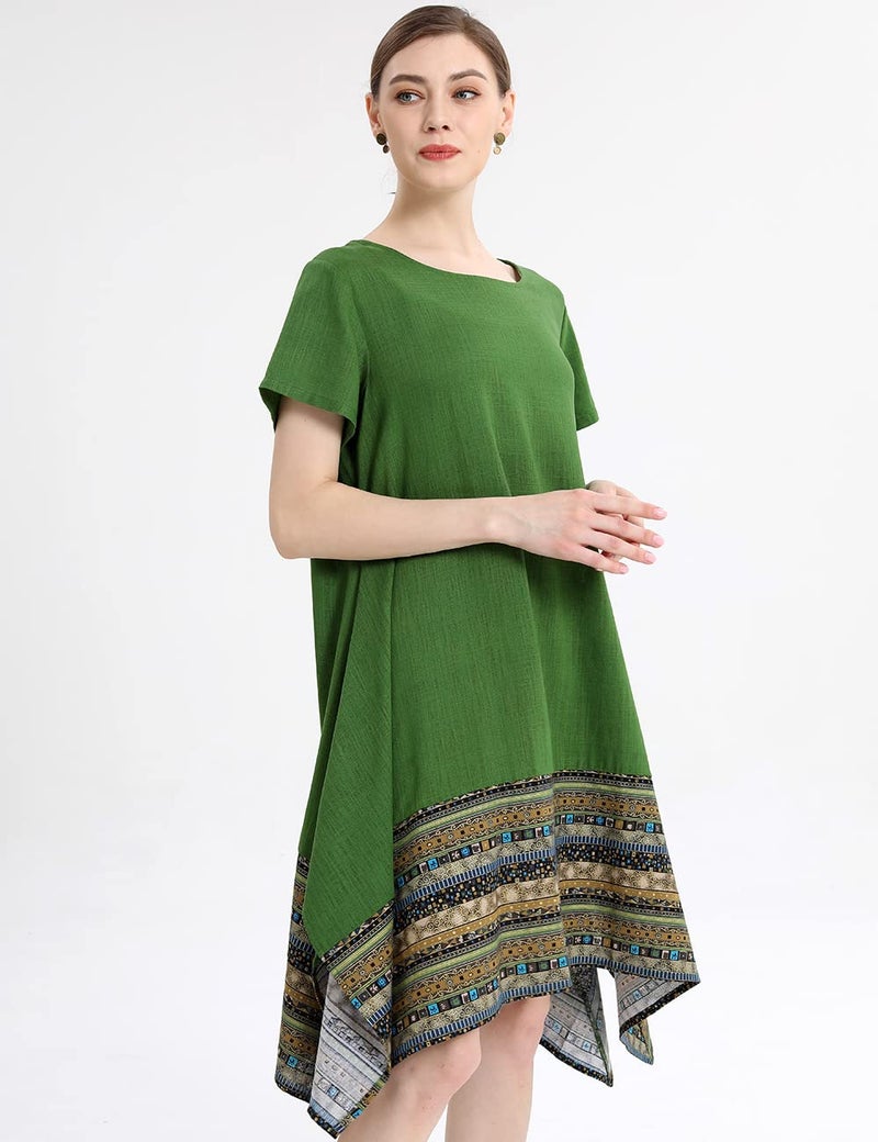 Minibee Women's Ethnic Cotton Linen Short Sleeves Irregular Tunic Dress (L, Green) - Image 4